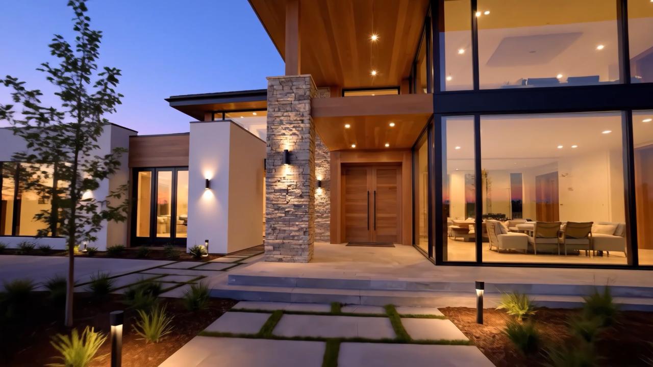 The approach to the property entrance at dusk